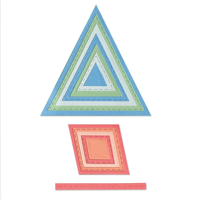Framelits Stanzschablonen-Set Produktabmessungen von Dreiecken und Quadraten auf weißem Hintergrund. Olivia Rose Sizzix, 13er-Pkg. Geometrisch genähter Rahmen.