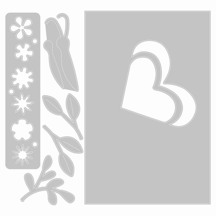 Ein weißer Hintergrund mit einem Framelits Stanzschablonen-Set, 6 Stk. mit 4 Stk. Stempeln Schmetterlingswünsche von Olivia Rose | BigShot kompatibel | Für alle gängigen Stanzmaschinen geeignet Schneeflocke, Blätter und ein Herz von Sizzix.