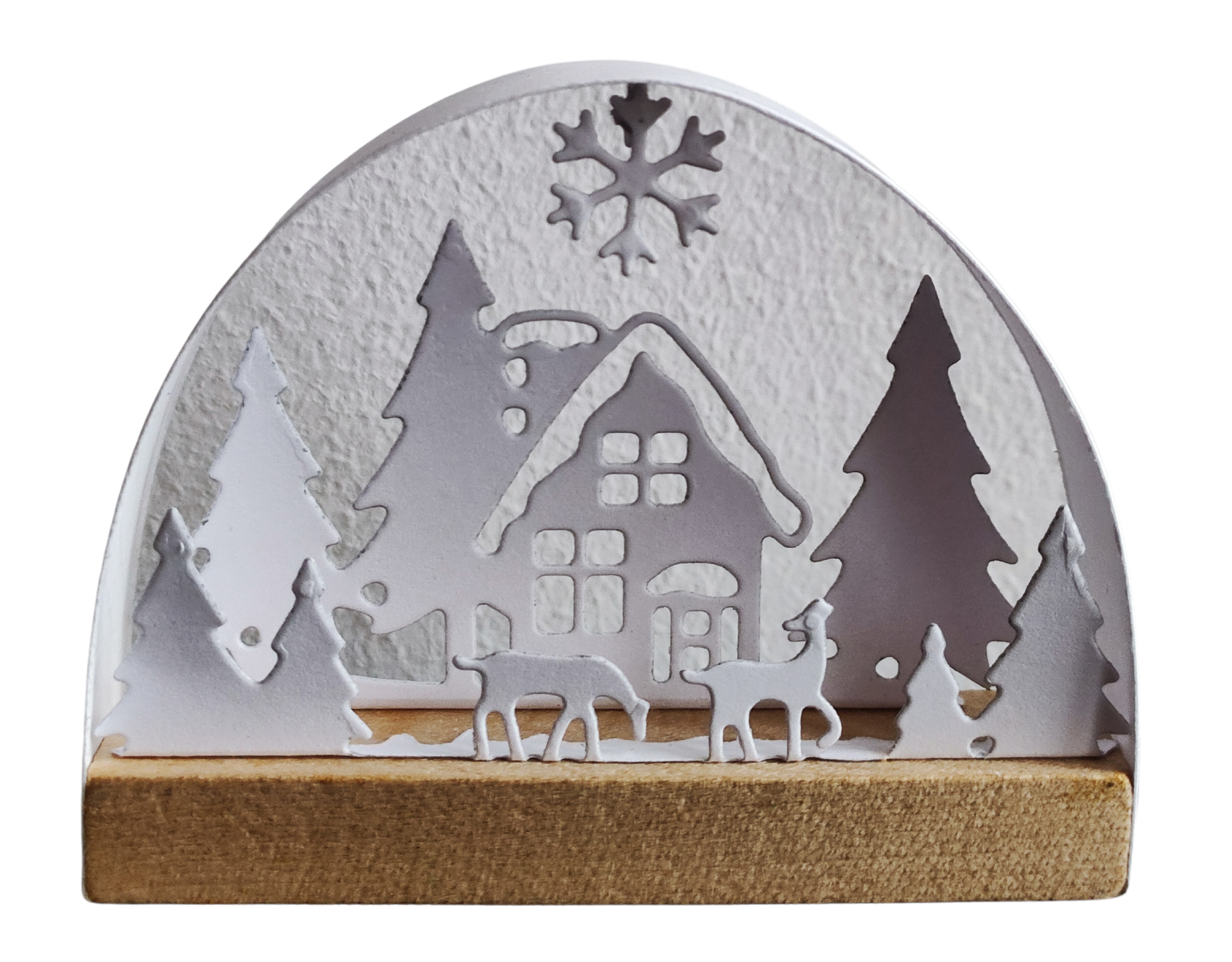 Die Stanzschablone Haus im Schnee von Stanzenshop.de zeigt ein Haus, Bäume, Rentiere und Schneeflocken - ideal zum Basteln oder Scrapbooking. Alle Deko-Elemente sind auf einem Holzsockel mit schlichtem Hintergrund angeordnet.