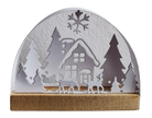 Die Stanzschablone Haus im Schnee von Stanzenshop.de zeigt ein Haus, Bäume, Rentiere und Schneeflocken - ideal zum Basteln oder Scrapbooking. Alle Deko-Elemente sind auf einem Holzsockel mit schlichtem Hintergrund angeordnet.