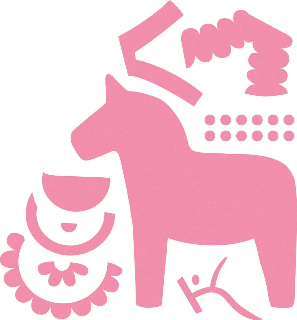 Ein rosafarbenes Pferd von Marianne Design, auf das ein Pfeil zeigt.