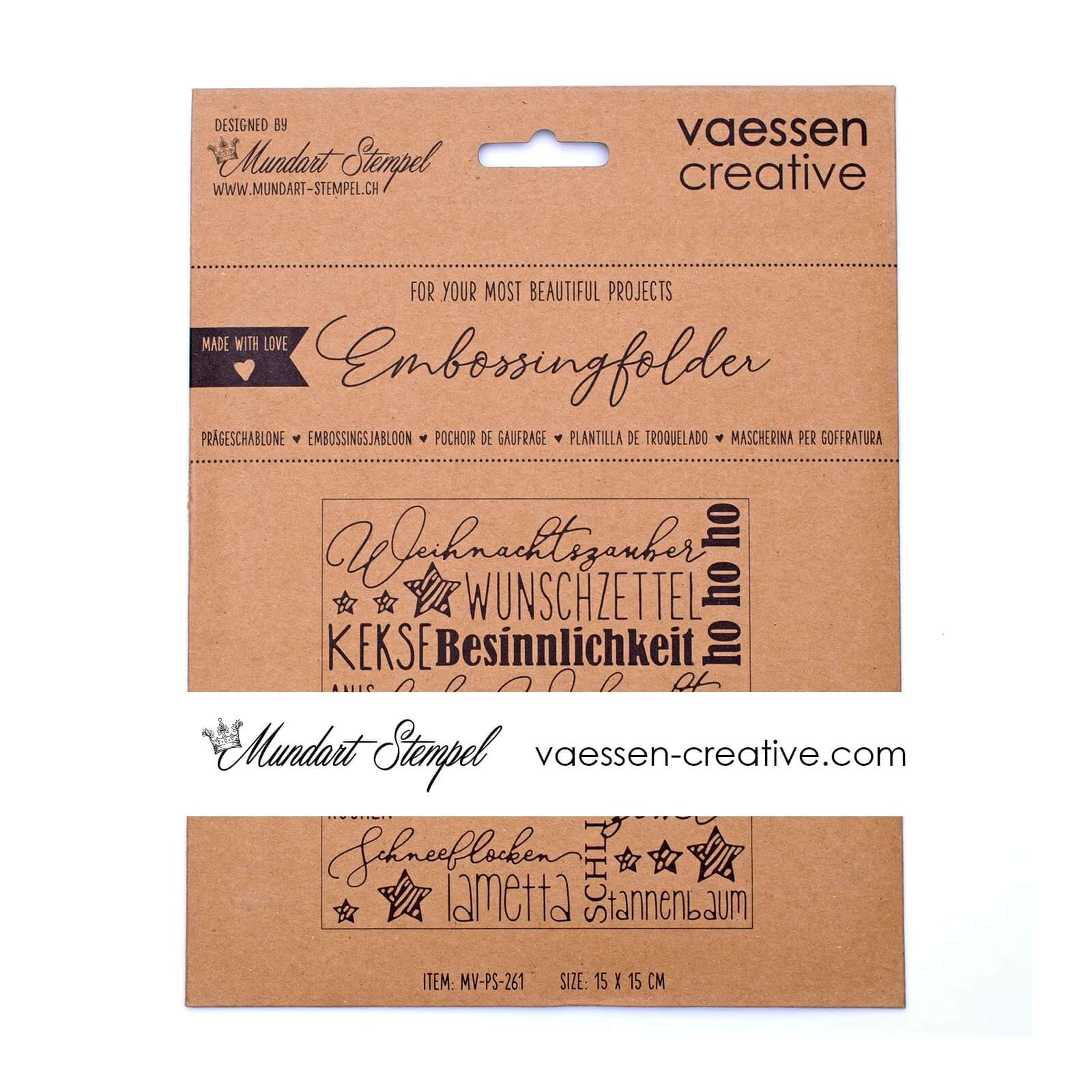 Braune Verpackung mit dekorativem deutschem Text mit der Mundart Stempel - Prägeschablone "Weihnachten" von Mundart Stempel; enthält festliche Sprüche, Produktgröße und Präge- und Stanzmaschine Sizzix BigShot Kompatibilität.