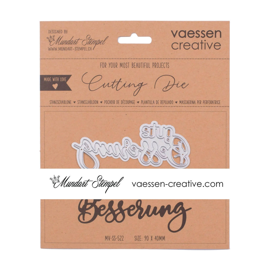 Packung mit Sizzix Mundart Stempel-Stanzform mit Text „gute Besserung“, Größe 4 x 9 cm.