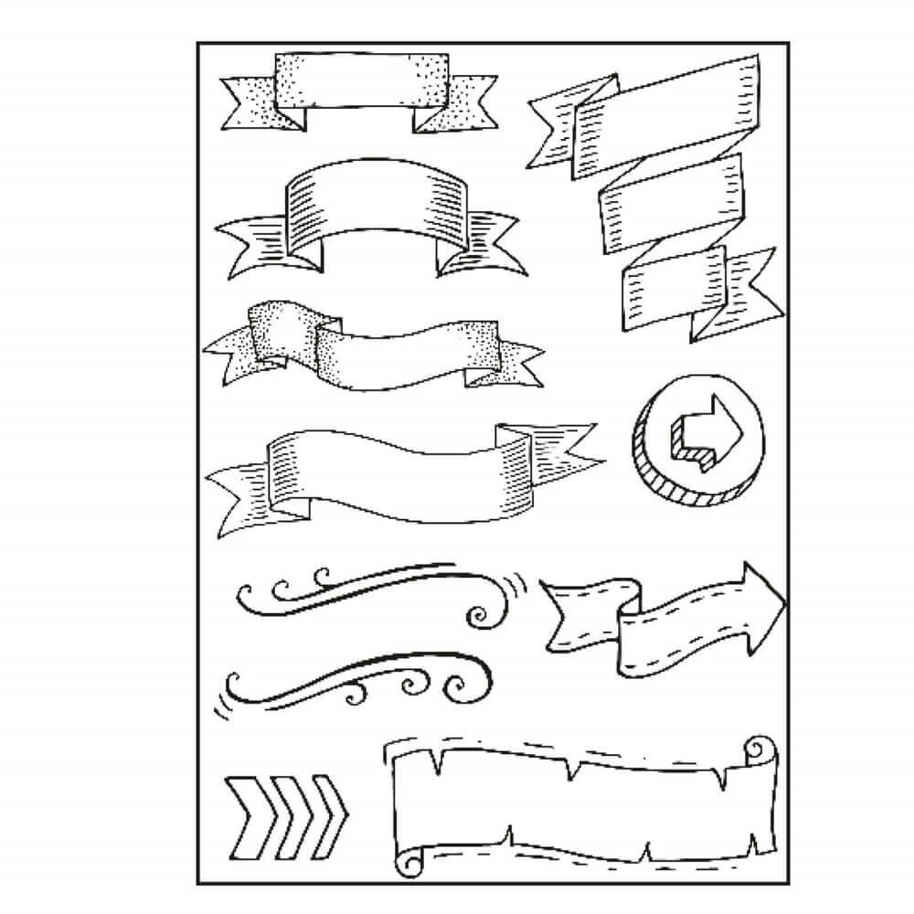 Eine Zeichnung von Paperfuel Clear Stamp A5-Bannern mit verschiedenen Bändern und Pfeilen.