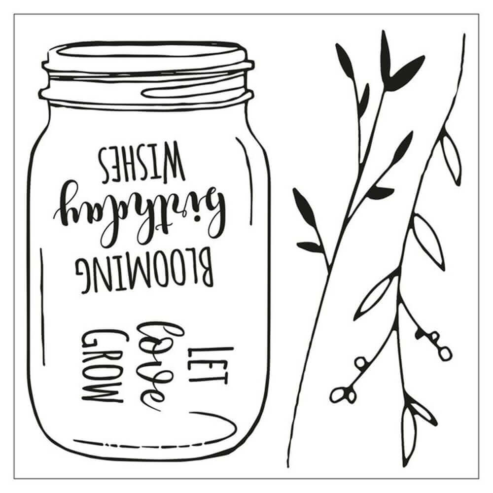 Das Sizzix 665320 Framelits Stanzenset und 5 Stempel "Birthday Jar" zeigt ein Einmachglas (8,3cm x 5,1cm) mit "Blooming Birthday Wishes" und "Let love grow", daneben ein beblätterter, beerenartiger Zweig. Inhalt: 5 Stück. Marke: Sizzix.