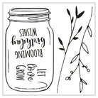 Das Sizzix 665320 Framelits Stanzenset und 5 Stempel "Birthday Jar" zeigt ein Einmachglas (8,3cm x 5,1cm) mit "Blooming Birthday Wishes" und "Let love grow", daneben ein beblätterter, beerenartiger Zweig. Inhalt: 5 Stück. Marke: Sizzix.
