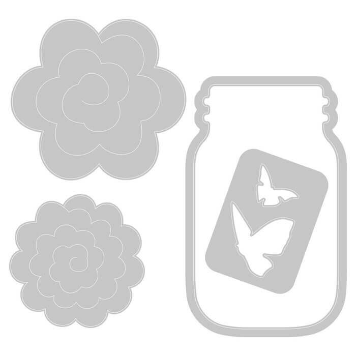 Das Sizzix 665320 Framelits Die Set & Stamps Birthday Jar enthält graue Umrissmotive von geschichteten Blumen und einem Einmachglas (5 Stück), jeweils mit einem Etikett und zwei Schmetterlingsausschnitten. Größe: 8,3cm x 5,1cm. Marke: Sizzix.