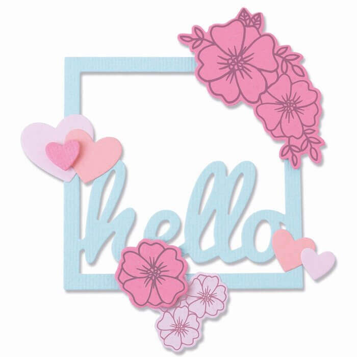 Hello Sizzix • Framelits Stanzschablonen-Set, 8 Stück mit 6 Stück Stempel „Hello Floral“ gestanzt mit rosa Blumen und Herzen.