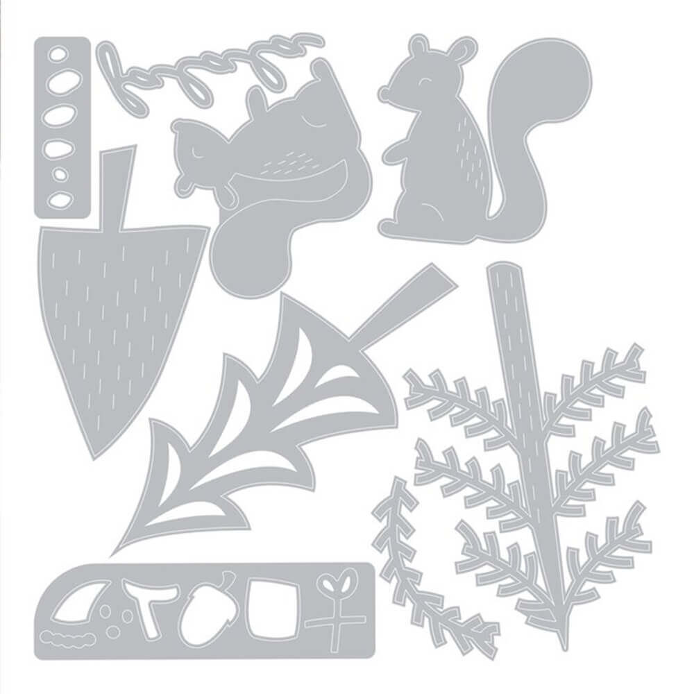 Ein Satz Sizzix • Thinlits Die Set 10PK Festive Tails-Silhouetten verschiedener Tiere und Blätter.