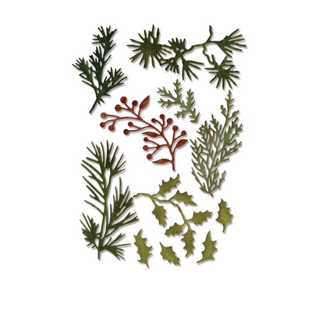 Eine Sammlung von Sizzix • Thinlits Stanzschablone Festliche Zweige Grün Set Blätter und Stechpalme in verschiedenen Größen, verpackt mit bestimmten Abmessungen.