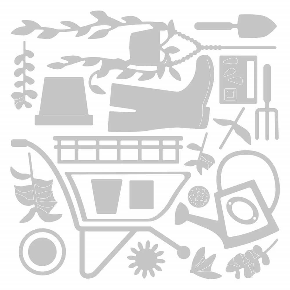 Die Sizzix 664379 Thinlits Stanzschablonen (23 Stück) von Sophie Guilar zeigen Silhouetten von Gartengeräten - Gießkanne, Stiefel, Pflanzen, Wagen - ideal für Schablonen oder Kartenherstellung. Marke: Sizzix.