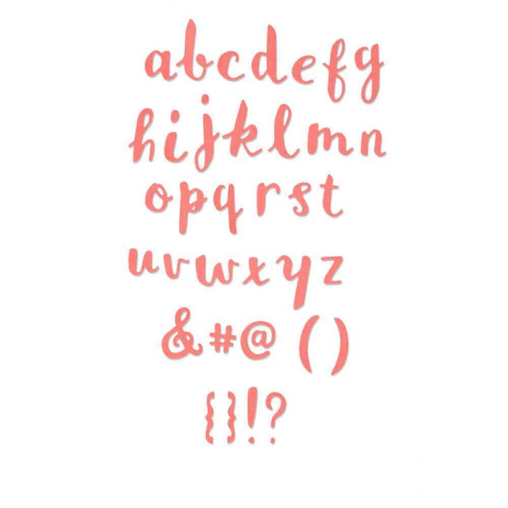 Eine handgeschriebene Schriftart mit rosa Hintergrund mit Sizzix Thinlits Stanzschablonen 661686, Kleines Alphabet, 38Stk von Sizzix.