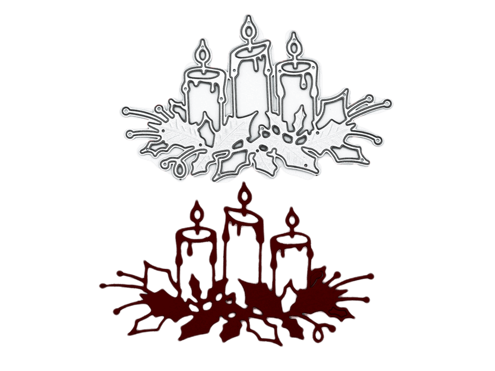 Die Stanzenshop.de Stanzschablone: Adventskranz mit drei Kerzen bietet konturierte und einfarbige Motive mit Kerzen, Stechpalmenblättern und Beeren - ideal für Adventskranz, Stanzen Weihnachten oder Basteln Winter Projekte.