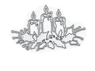 Metallisch gestanzter Umriss von drei brennenden Kerzen mit Stechpalme, ideal als "Stanzschablone: Adventskranz mit drei Kerzen" von Stanzenshop.de für Basteln Winter oder festliche Stanzen Weihnachten Projekte.