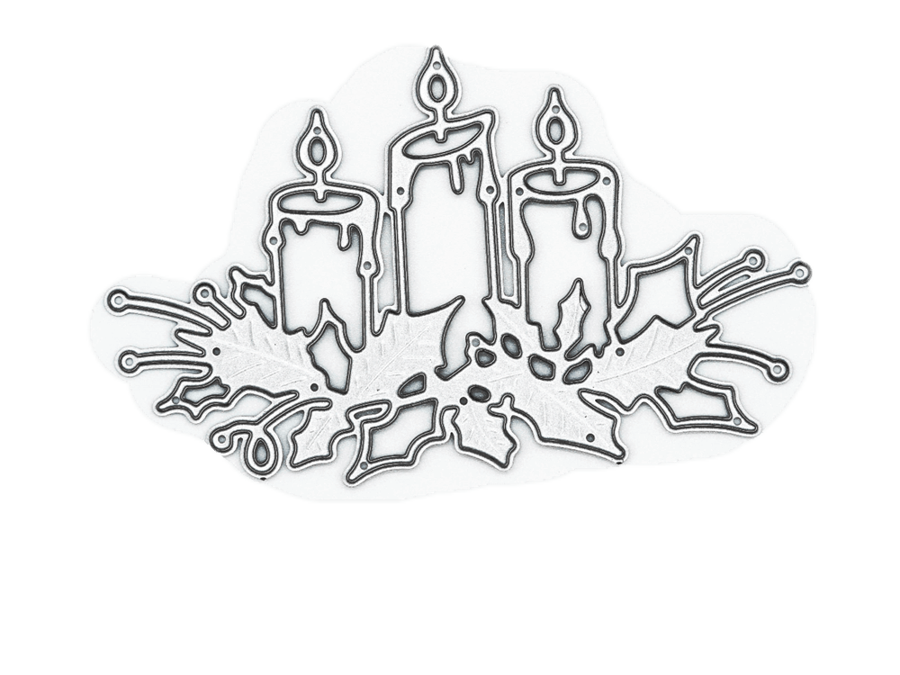 Ein Schwarz-Weiß-Bild einer Stanzschablone: Adventskranz mit drei Kerzen mit Stechpalmenblättern, von Stanzenshop.de.
