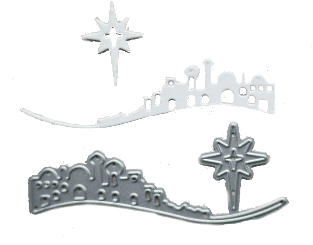 Zwei Stanzschablonen: Bethlehem mit Weihnachtsstern, Ausschnitte einer Stadt und eines Sterns von Stanzenshop.de.
