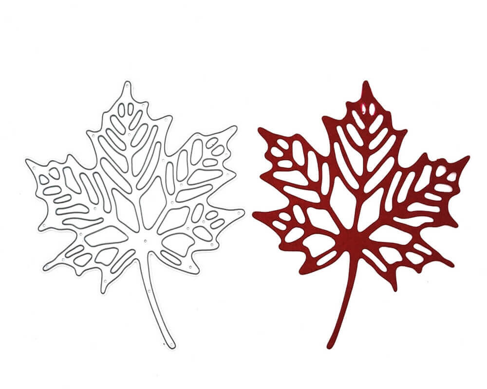 Zwei Blattausschnitte aus der Stanzschablone: Blatt mit Muster von Stanzenshop.de, ein weißes und ein rotes mit detaillierten Adern, nebeneinander gelegt - tolle Akzente für Scrapbooking oder ein einzigartiges Bastelergebnis.