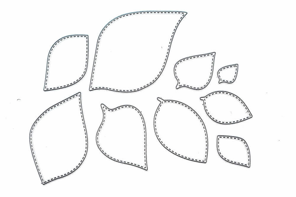 Die Stanzenshop.de Stanzschablone: Blätter in verschiedenen Größen bietet neun umrissene Blattformen auf weißem Hintergrund, ideal für Basteln oder als einzigartige Blätterstanzen-Designvorlage.