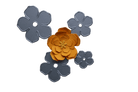 Vier graue Metallblumen und eine orangefarbene Papierblume auf weißem Hintergrund - perfekt für Scrapbooking oder Basteln mit Stanzschablone: Blume aus mehreren Einzelteilen von Stanzenshop.de.