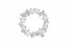 Eine schlichte schwarz-weiße Strichzeichnung eines kreisförmigen Blumenkranzes mit Blättern und Blüten, ideal als Stanzenshop.de Stanzschablone Blumenkranz für Basteln oder kreative Blumenkranz Stanzschablone gestalten.