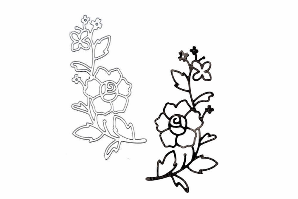 Eine Schwarz-Weiß-Zeichnung einer Stanzschablone Blumenzweig von Stanzenshop.de und Blättern.