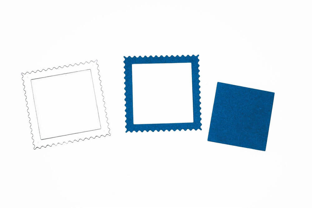 Drei Stanzenshop.de blau-weiße Stanzschablonen: Briefmarke auf weißem Hintergrund.