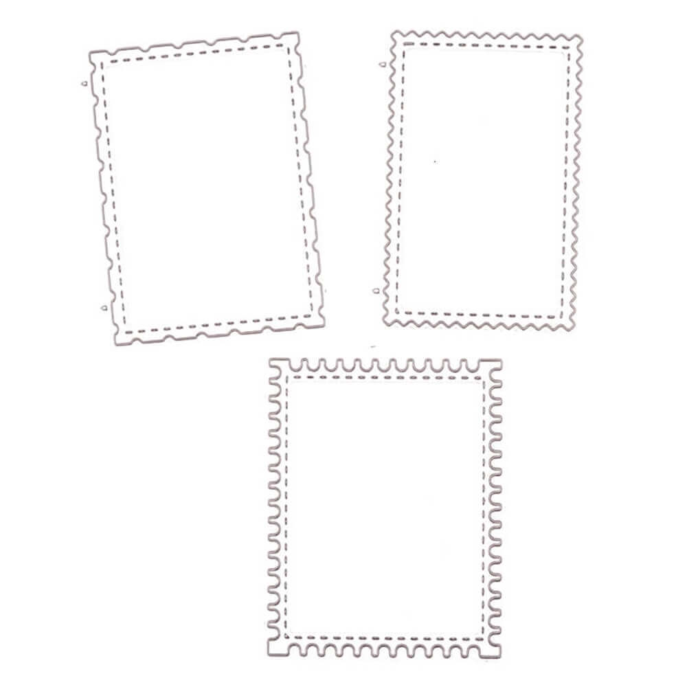 Die Stanzenshop.de Stanzschablone Drei Briefmarken zeigt drei unbedruckte, rechteckige Briefmarken mit unterschiedlichem Wellenrand-Rahmen, angeordnet in einem umgedrehten Dreieck - perfekt für Scrapbooking oder als Stanzform auf weißem Hintergrund.