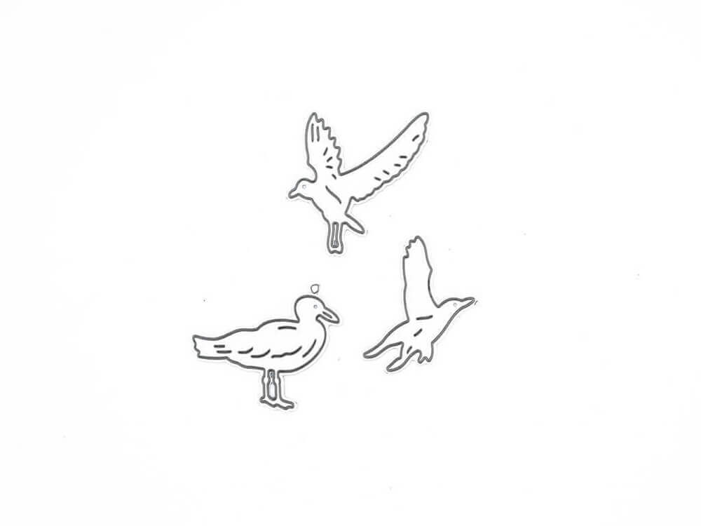 Eine Stanzenshop.de-Zeichnung, die drei Stanzschablonen „Drei Möwen“ zeigt, die anmutig in der Luft schweben.