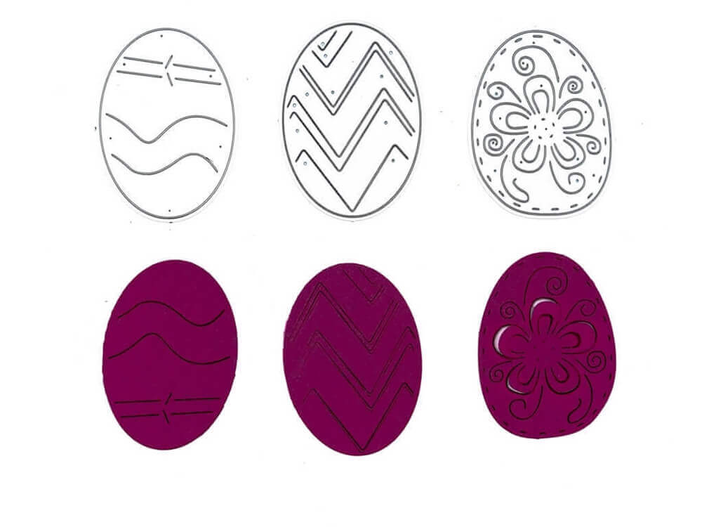Stanzenschablone: Drei Ostereier von Stanzenshop.de zeigt sechs Eier-Illustrationen - die obere Reihe in schwarz-weißen Konturen, die untere Reihe in dunklem Lila - ideal für Stanzschablone oder Osterstanzen.