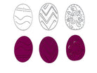 Stanzenschablone: Drei Ostereier von Stanzenshop.de zeigt sechs Eier-Illustrationen - die obere Reihe in schwarz-weißen Konturen, die untere Reihe in dunklem Lila - ideal für Stanzschablone oder Osterstanzen.