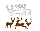 Mit der Stanzschablone Drei Rentiere von Stanzenshop.de hergestellte Metallstanzteile und braune Papierausschnitte von Hirschen in verschiedenen Posen sind auf weißem Hintergrund angeordnet - ideal für Weihnachtsbasteln.