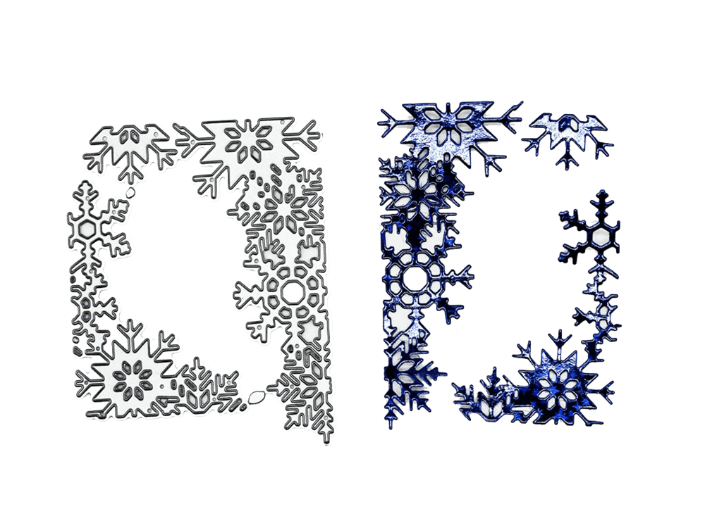 Die Stanzschablone Ecke aus Schneekristallen, Schneeflocke, Weihnachtsstanzen, Schablone Weihnachten von Stanzenshop.de zeigt blaue und weiße Schneeflocken auf schwarzem Hintergrund.