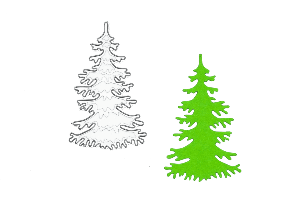 Die Stanzschablone: Einzelner Tannenbaum von Stanzenshop.de wird in silbernem Metall neben einem grünen Papierausschnitt des gleichen Tannenbaumdesigns gezeigt, ideal für Basteln Weihnachten Projekte.