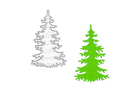 Die Stanzschablone: Einzelner Tannenbaum von Stanzenshop.de wird in silbernem Metall neben einem grünen Papierausschnitt des gleichen Tannenbaumdesigns gezeigt, ideal für Basteln Weihnachten Projekte.