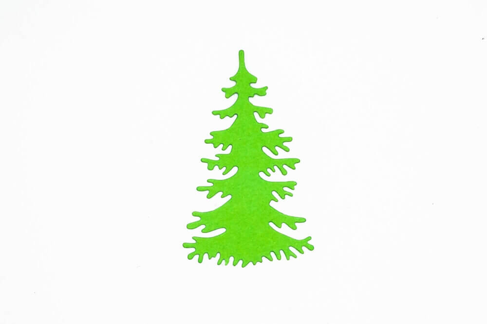Die "Stanzschablone: Einzelner Tannenbaum" von Stanzenshop.de zeigt eine schlichte grüne Baumsilhouette auf Weiß - ideal für Basteln zu Weihnachten.