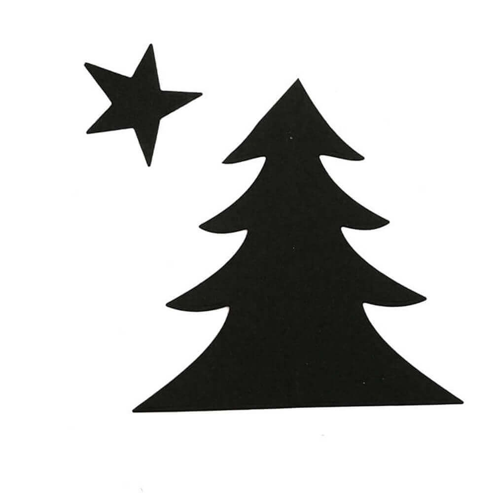 Eine schwarze Stanzschablone Falttannenbaum und Stern auf weißem Hintergrund, von Stanzenshop.de.