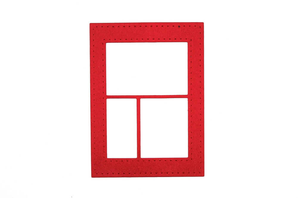 Die "Stanzschablone: Fenster 3-teilig" von Stanzenshop.de ist ein roter rechteckiger Stanzrahmen mit einer großen oberen Öffnung und zwei kleineren unteren Abschnitten - perfekt für Scrapbooking oder Basteln - auf weißem Hintergrund.