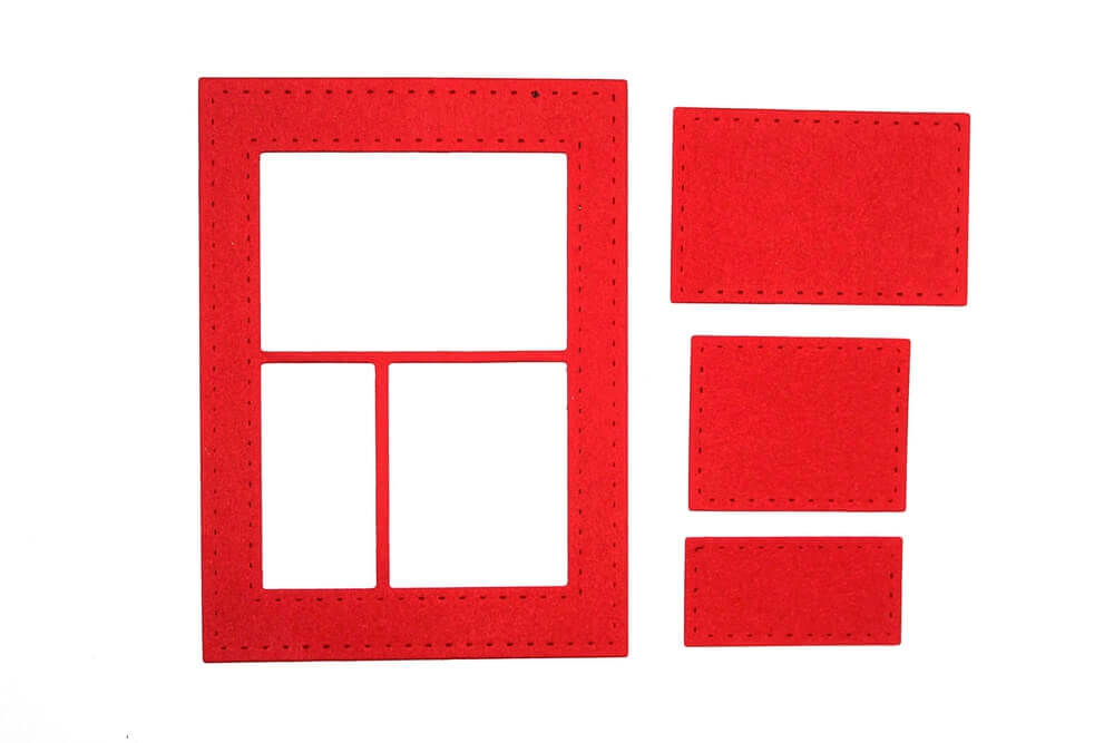 Die Stanzschablone: Fenster 3-teilig von Stanzenshop.de besteht aus einem großen roten Rahmen mit drei fensterartigen Öffnungen und drei festen Rechtecken in verschiedenen Größen, ideal zum Basteln oder Scrapbooking. Alle Teile sind auf einem weißen Hintergrund abgebildet.