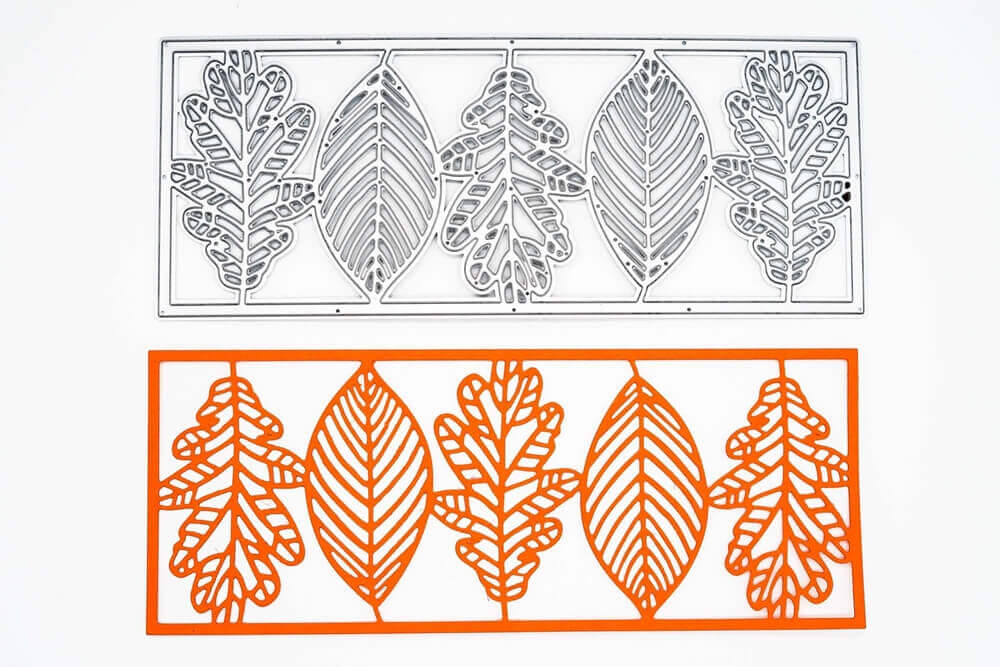 Ein Paar Stanzschablonen: Fünf Blätter im Rahmen Ausschnitte auf weißem Hintergrund von Stanzenshop.de bei Stanzschablonen günstig