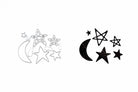 Die Stanzschablone: Fünf Sterne und ein Mond von Stanzenshop.de zeigt einen Halbmond und fünf Sterne auf Weiß - ideal zum Basteln oder für festliche Weihnachts-Projekte.
