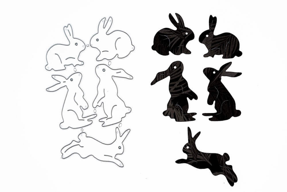 Fünf verschiedene Hasen Stanzschablonen aus Metall von Stanzenshop.de auf der linken Seite und passende schwarze Hasenausschnitte auf der rechten Seite, alle auf weißem Hintergrund - perfekt für Bastelprojekte.