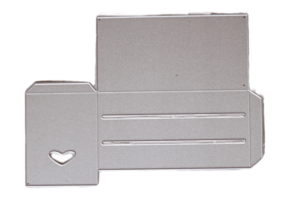 Die "Stanzschablone: Großer Karton" von Stanzenshop.de ist eine flache graue Papierschablone mit Falzlinien und einem herzförmigen Ausschnitt, ideal zum Basteln von Geschenkboxen oder Umschlägen für Hochzeiten.