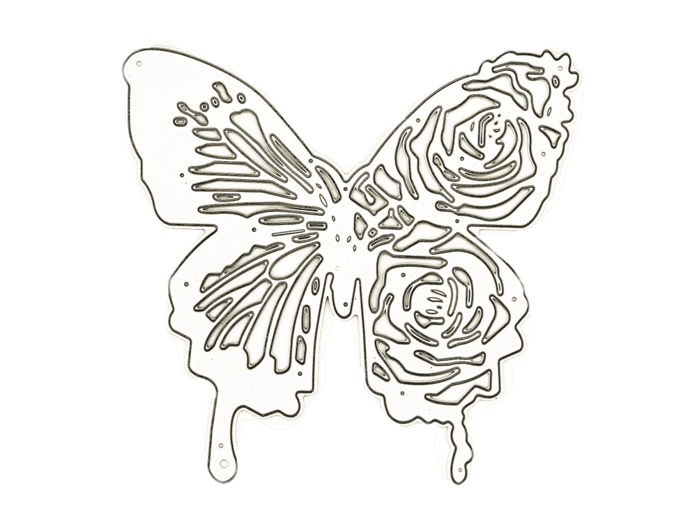 Eine Stanzschablone Großer Schmetterling mit Rosen darauf ist auf einem schwarzen Hintergrund zu sehen.