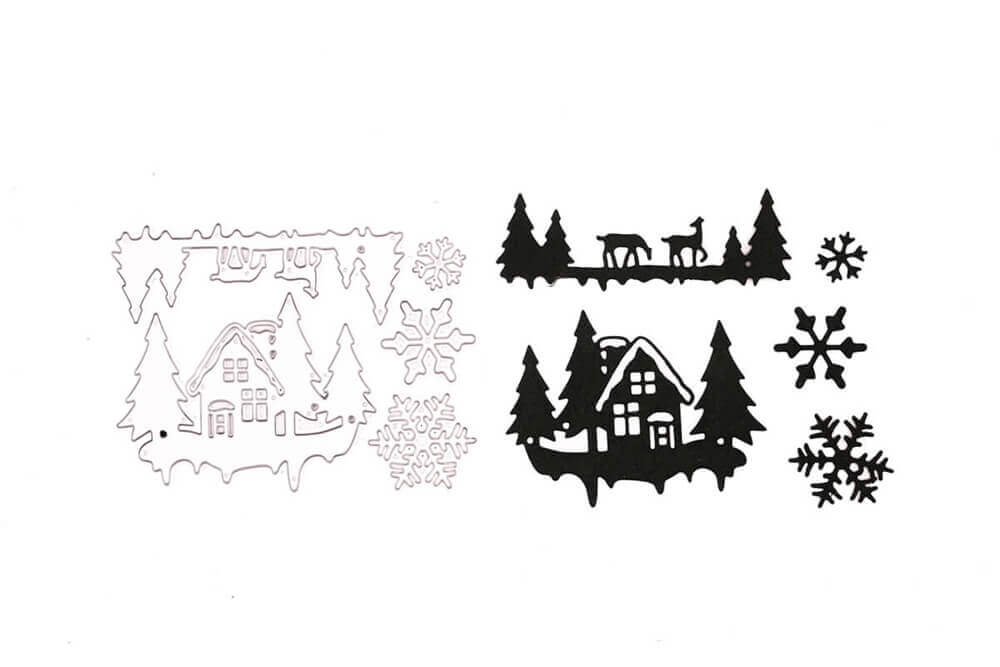 Die Stanzschablone Haus im Schnee von Stanzenshop.de und die schwarzen Papierausschnitte zeigen ein Haus, Bäume, Schneeflocken und Rehe - ideal für Scrapbooking oder Basteln, vor einem weißen Hintergrund.