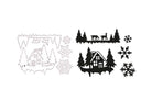 Die Stanzschablone Haus im Schnee von Stanzenshop.de und die schwarzen Papierausschnitte zeigen ein Haus, Bäume, Schneeflocken und Rehe - ideal für Scrapbooking oder Basteln, vor einem weißen Hintergrund.