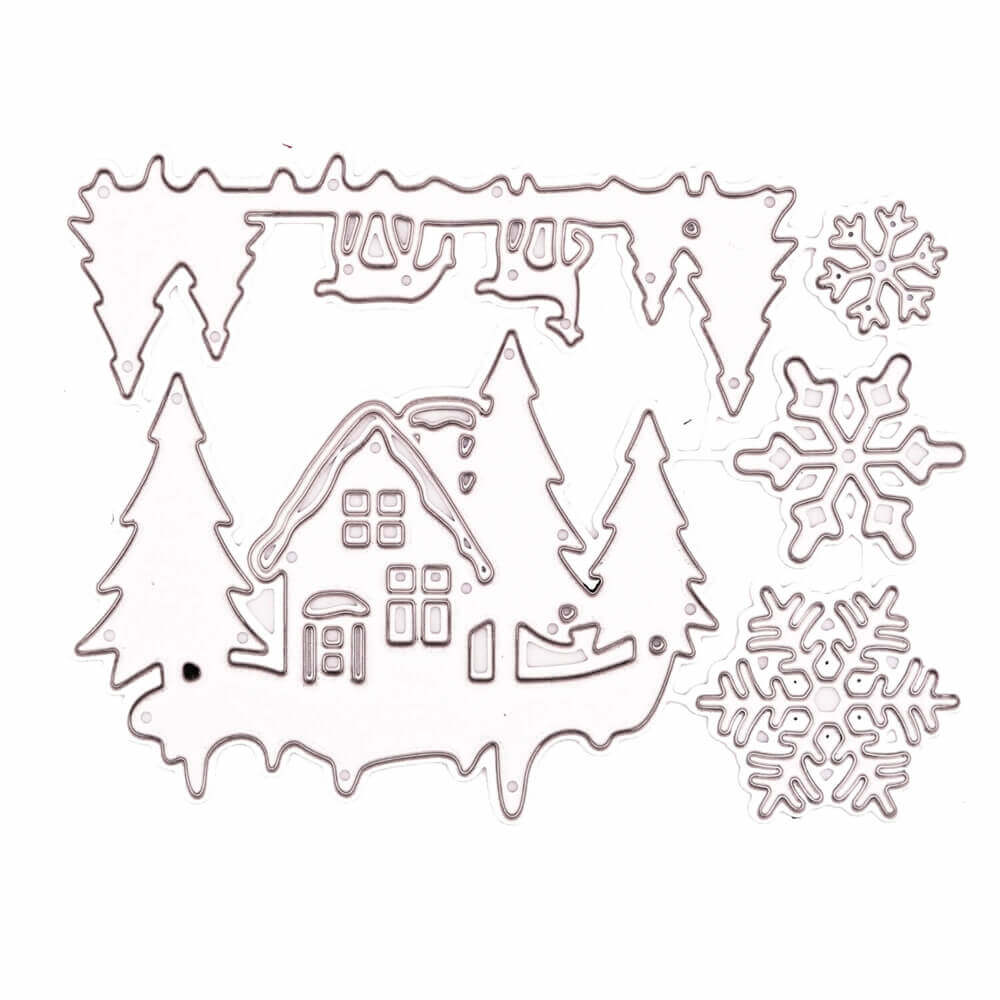 Eine Stanzenshop.de Stanzschablone Haus im Schnee ausgeschnitten aus einem Haus und Stanzschablone Schneeflocken.