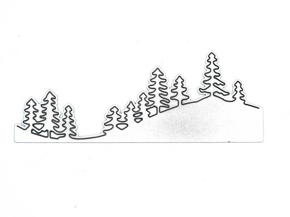 Eine Schwarz-Weiß-Zeichnung von Stanzschablone: Hügellandschaft mit Bäumen von Stanzenshop.de.