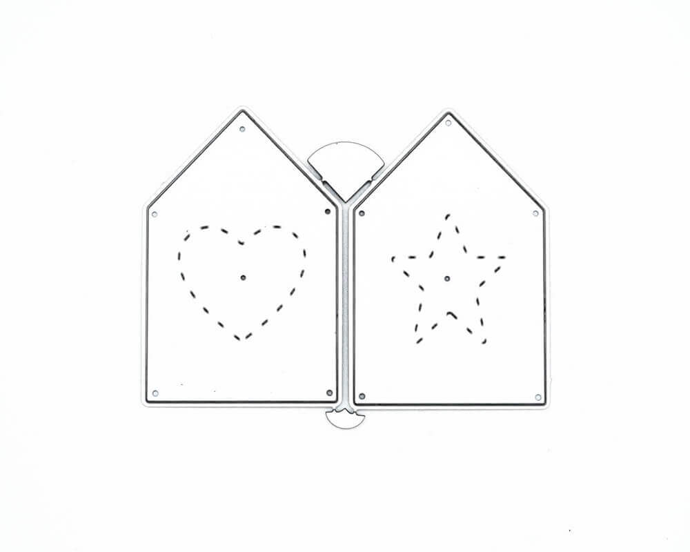Eine preisgünstige Schablone mit Häusern im Herz- und Sterndesign erhältlich bei Stanzenshop.de, spezialisiert auf Stanzen-Produkte.