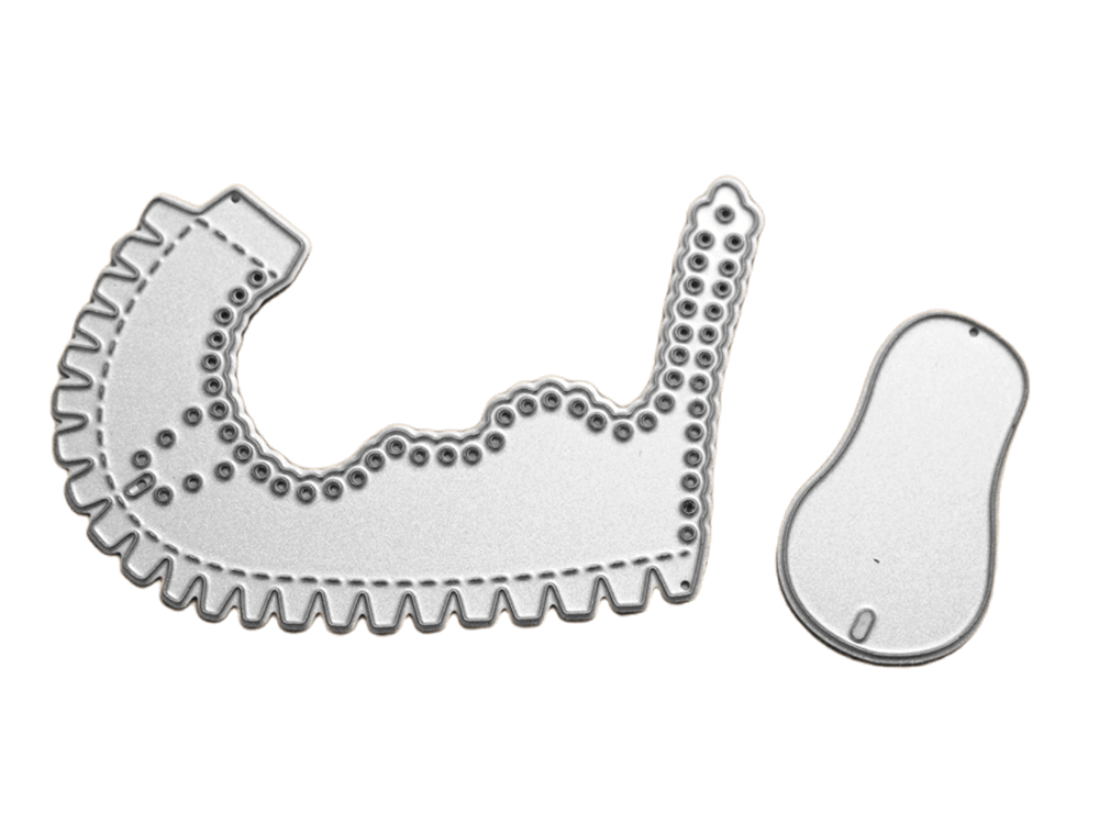 Zwei silberne Metallstanzschablonen von Stanzenshop.de mit dem Namen "Stanzschablone Kinderschuh für ein Baby" sind auf weißem Hintergrund zu sehen - die eine als dekorative Bordüre, die andere als kleiner geschwungener Anhänger.