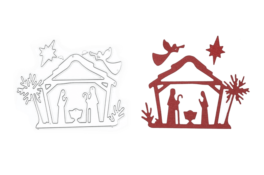 Die Stanzschablone: Kleine Krippenszene von Stanzenshop.de enthält zwei Krippenstempel - weiß umrandet und einfarbig rot - mit Stall, Maria, Josef, Jesuskind, Engel und Stern. Ideal für Weihnachten oder Krippenszene Bastelprojekte.
